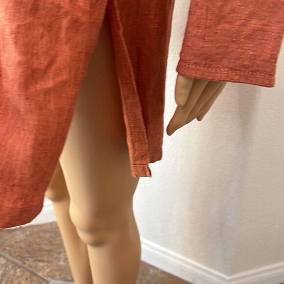 Camaieu Tunic Dress 💯 Linen Collar V Neck Rust Burnt Orange Belted 3/4 Sleeves - Picture 10 of 13
